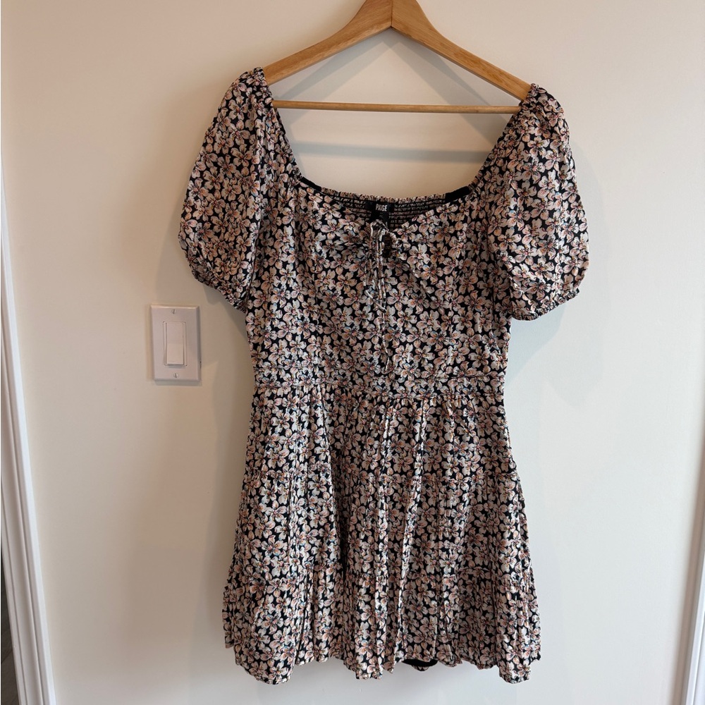 PAIGE Black Floral Puff Sleeve Mini Dress with Pink & Cream Accents